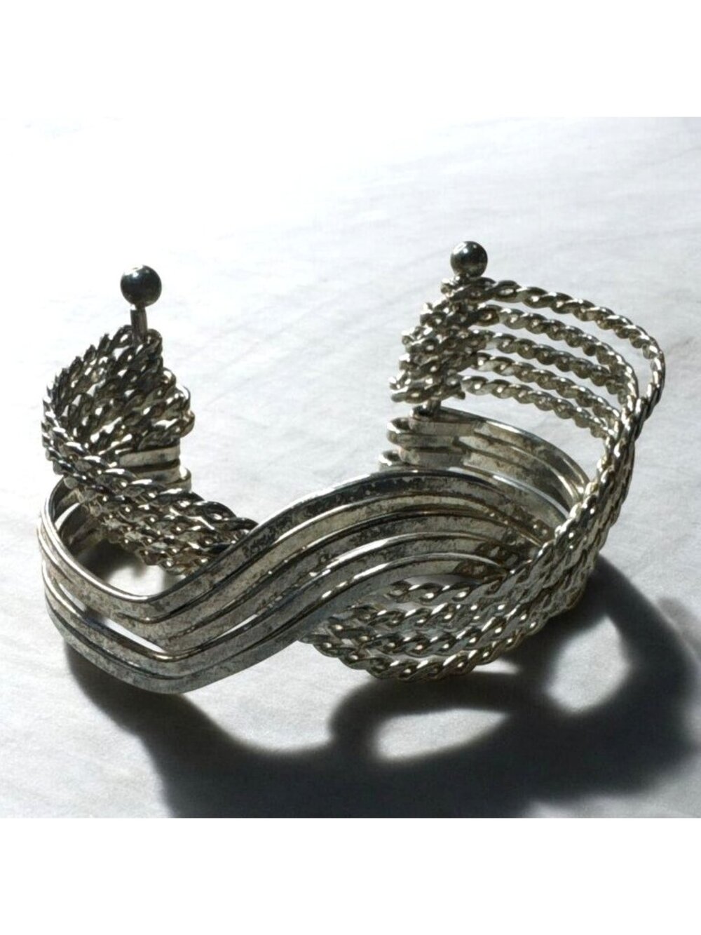 Vintage Silver-Tone Multi-Strand Twisted Open Cuff Bracelet With Wave Design